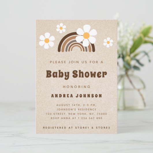 Bruin Boho Rainbow & Daisy Floral Sand Baby shower Kaart (Staand voorkant)