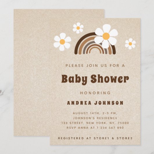 Bruin Boho Rainbow & Daisy Floral Sand Baby shower Kaart (Voorkant / Achterkant)