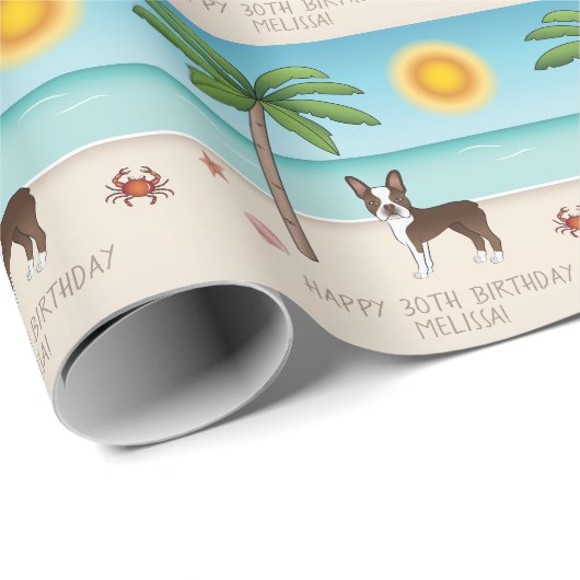 Bruin Boston Terrier bij een tropisch zomerstrand Cadeaupapier (Rol Hoek)