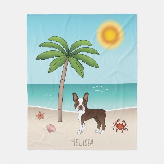 Bruin Boston Terrier bij een tropisch zomerstrand Fleece Deken (Voorkant)