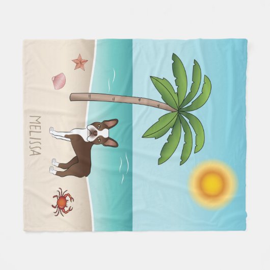 Bruin Boston Terrier bij een tropisch zomerstrand Fleece Deken (Voorkant (Horizontaal))