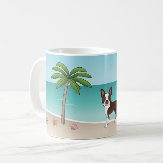 Bruin Boston Terrier bij een tropisch zomerstrand Koffiemok (Voorkant links)