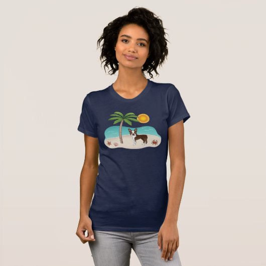 Bruin Boston Terrier bij een tropisch zomerstrand T-shirt (Voorkant volledig)