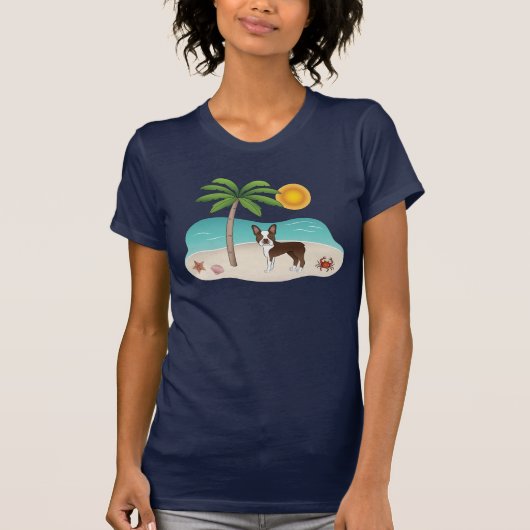 Bruin Boston Terrier bij een tropisch zomerstrand T-shirt (Voorkant)