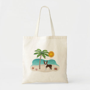 Bruin Boston Terrier bij een tropisch zomerstrand Tote Bag