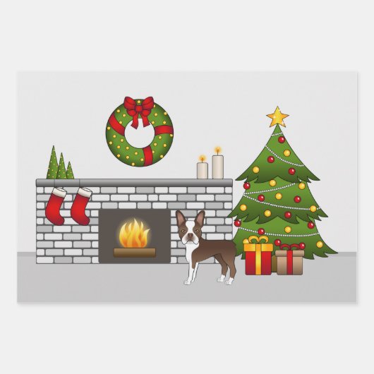 Bruin Boston Terrier in een feestelijke kerstzaal Inpakpapier Vel (Voorkant)