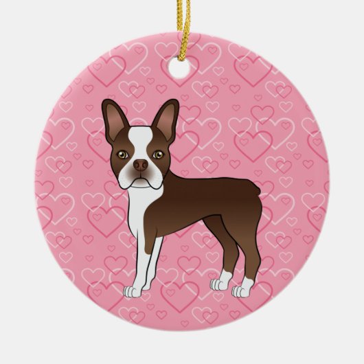 Bruin Boston Terrier op roze hartstip Memorial Keramisch Ornament (Voorkant)