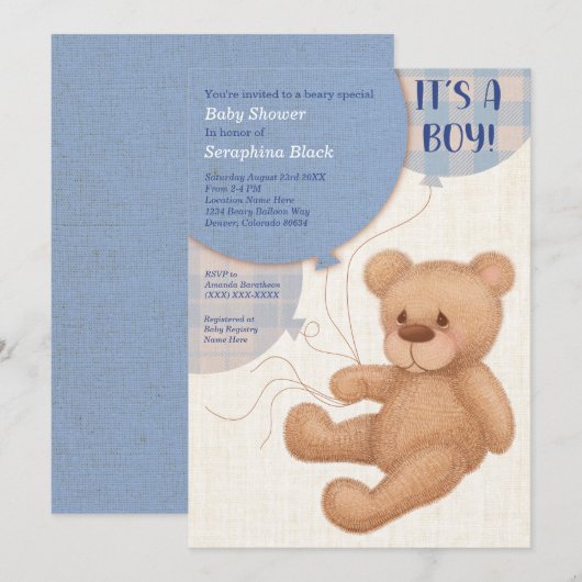 Bruin Boys Teddy Bear Baby shower Invitation Kaart (Voorkant / Achterkant)