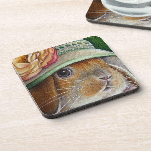 Bruin Bunny Rabbit in Spring Bonnet Waterverf Art Bier Onderzetter (Linkerzijde)
