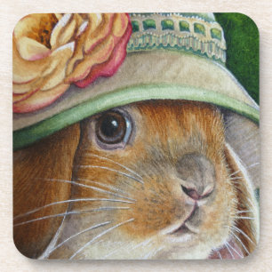 Bruin Bunny Rabbit in Spring Bonnet Waterverf Art Bier Onderzetter