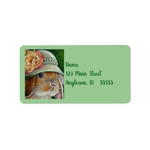Bruin Bunny Rabbit in Spring Bonnet Waterverf Art Etiket