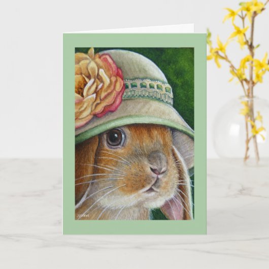 Bruin Bunny Rabbit in Spring Bonnet Waterverf Art Kaart (Gele Bloem)