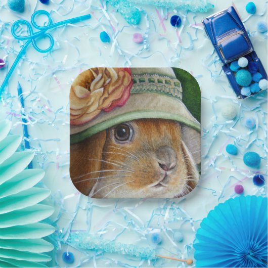 Bruin Bunny Rabbit in Spring Bonnet Waterverf Art Papieren Bordje (Feest)