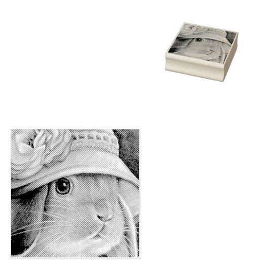 Bruin Bunny Rabbit in Spring Bonnet Waterverf Art Rubberstempel (Gestempeld)