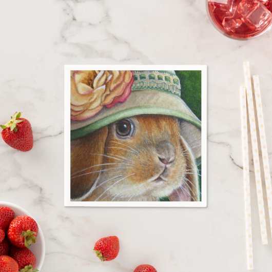 Bruin Bunny Rabbit in Spring Bonnet Waterverf Art Servet (Insitu)