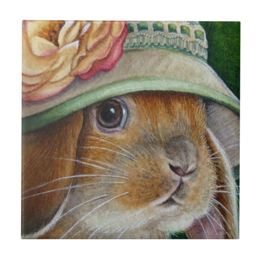 Bruin Bunny Rabbit in Spring Bonnet Waterverf Art Tegeltje (Voorkant)