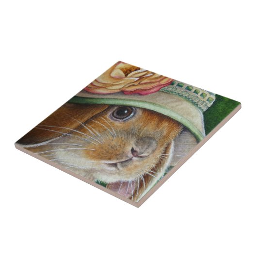 Bruin Bunny Rabbit in Spring Bonnet Waterverf Art Tegeltje (Zijkant)