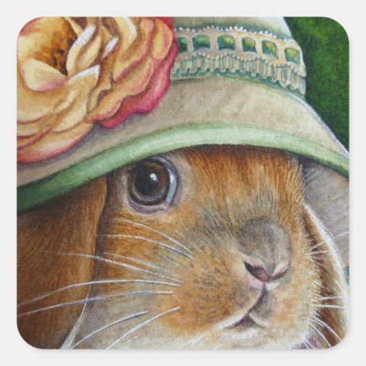 Bruin Bunny Rabbit in Spring Bonnet Waterverf Art Vierkante Sticker (Voorkant)