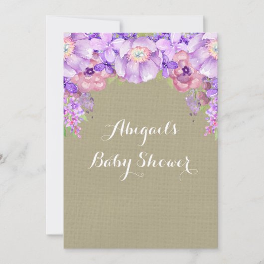 Bruin Burlap Paarse Waterverf Flowers Baby shower Kaart (Voorkant)