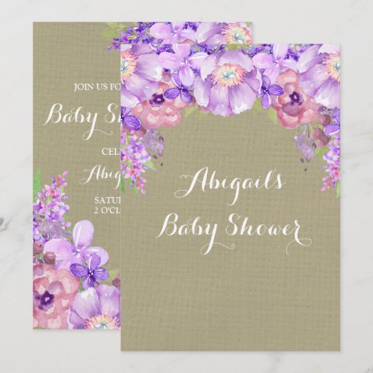 Bruin Burlap Paarse Waterverf Flowers Baby shower Kaart (Voorkant / Achterkant)