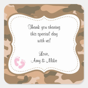 Bruin Camo Baby shower Favor Label w/pink feet