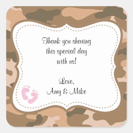 Bruin Camo Baby shower Favor Label w/pink feet (Voorkant)