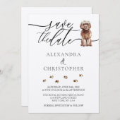 Bruin Cavapoo puppy Bruiloft Kalligrafie script Save The Date (Voorkant / Achterkant)