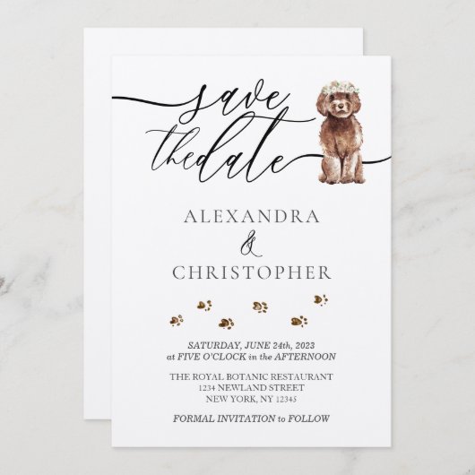Bruin Cavapoo puppy Bruiloft Kalligrafie script Save The Date (Voorkant / Achterkant)