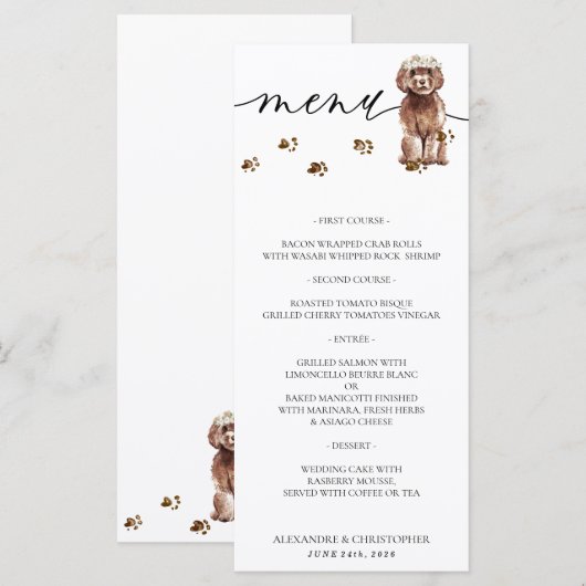 Bruin Cavapoo puppy hond bruiloft Menu (Voorkant / Achterkant)