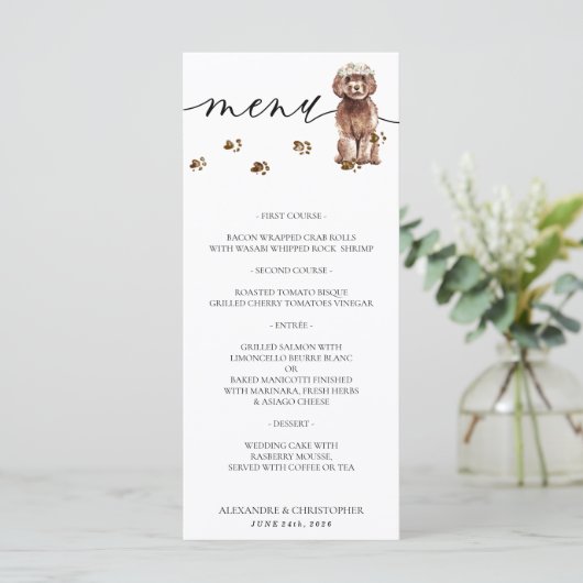 Bruin Cavapoo puppy hond bruiloft Menu (Staand voorkant)