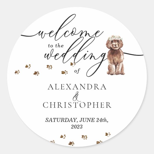 Bruin Cavapoo puppy Hond Bruiloft Welkom Ronde Sticker (Voorkant)