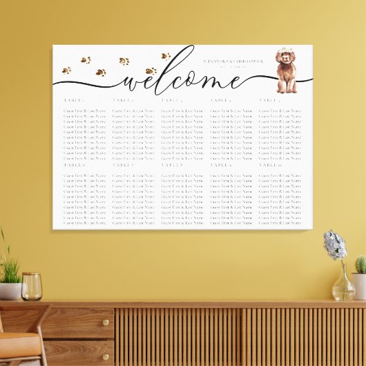 Bruin Cavapoo puppy Welkom Zittafel Nummers Canvas Afdruk (Insitu (Woonkamer))