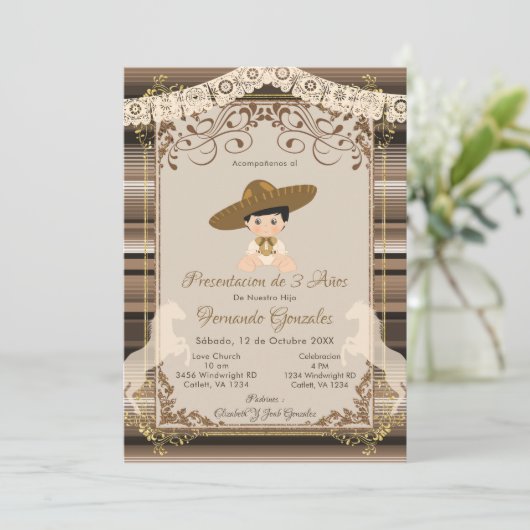 Bruin Charro Mexican Tres Anos Boy Kaart (Staand voorkant)