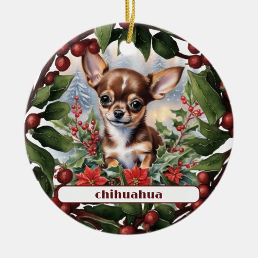 Bruin Chihuahua Puppy Vakantie Aangepaste Kerstmis Keramisch Ornament (Voorkant)