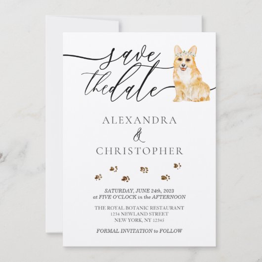 Bruin Corgi puppy Bruiloft Kalligrafie script Save The Date (Voorkant)