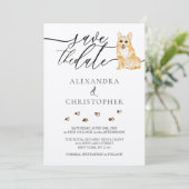 Bruin Corgi puppy Bruiloft Kalligrafie script Save The Date (Staand voorkant)
