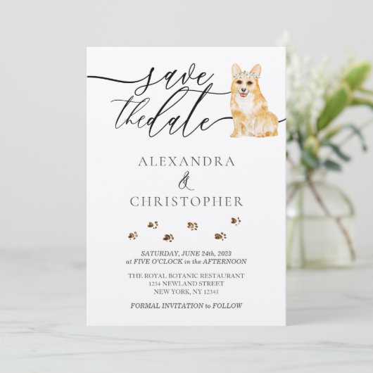 Bruin Corgi puppy Bruiloft Kalligrafie script Save The Date (Staand voorkant)