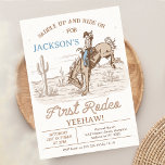 bruin cowboy eerste rodeo 1e verjaardag kaart<br><div class="desc">Brown Cowboy First Rodeo 1st Birthday Invitation Boy's eerste rodeo thema verjaardagsuitnodiging met een cowboy en paard,  woestijnlandschap en wat touwstijl tekst. De eerste rodeo-verjaardagsuitnodiging van deze jongen is ideaal voor iedereen die op zoek is naar een uitnodiging in  stijl.</div>