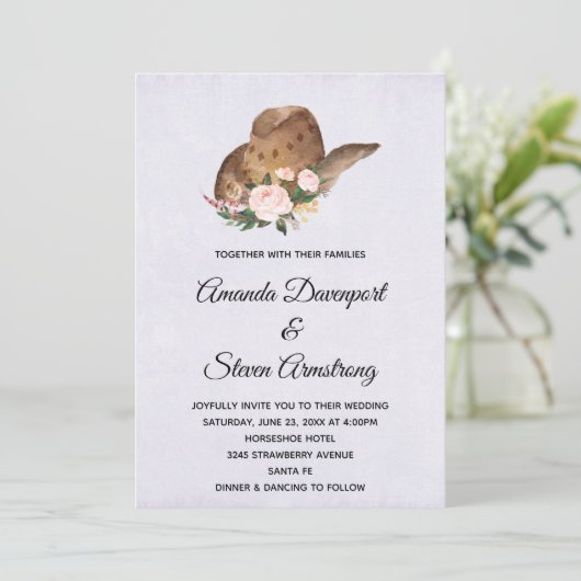 Bruin Cowboy Pet met roze bloemen bruiloft Kaart (Staand voorkant)