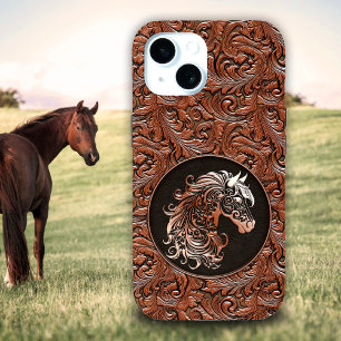 Bruin cowgirl bloemengereedschap lederen paardenho iPhone 15 case