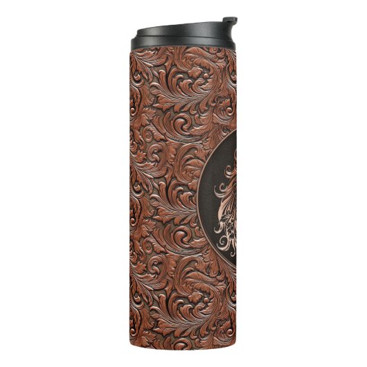 Bruin cowgirl bloemengereedschap lederen paardenho thermosbeker (Gedraaid links)