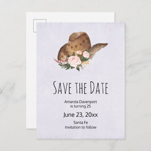 Bruin Cowgirl Pet met roze bloemen Bespaar de datu Uitnodiging Briefkaart (Voorkant / Achterkant)