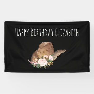 Bruin Cowgirl Pet met roze bloemen Happy Birthday Spandoek