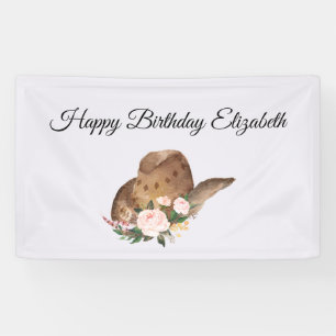 Bruin Cowgirl Pet met roze bloemen Happy Birthday Spandoek
