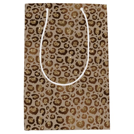 Bruin Cream Leopard Animal Print Glitter Medium Cadeauzakje (Voorkant)