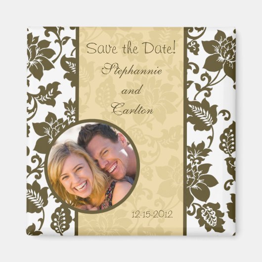 Bruin/Creme Bloemen Damask Aankondiging Magneet (Voorkant)