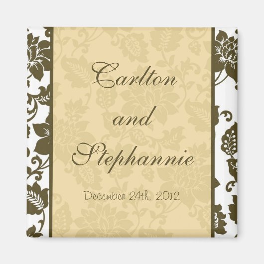 Bruin/Creme Bloemen Damast Bruiloft Magneet (Voorkant)
