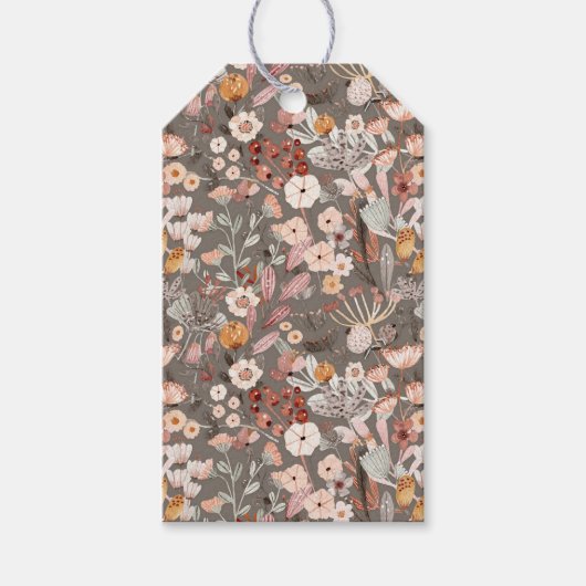 Bruin, Crème, Roze Bloemige Botanische Bloem Cadeaulabel (Voorkant)