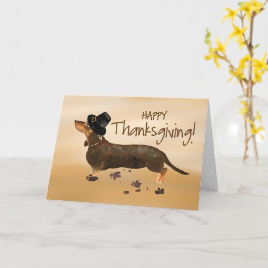 Bruin Dachshund Funny Pilgrim Pet Thanksgiving Kaart (Gele Bloem)