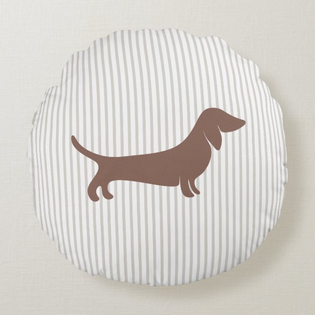 Bruin Dachshund op Beige Strepen Rond Kussen (Voorkant)